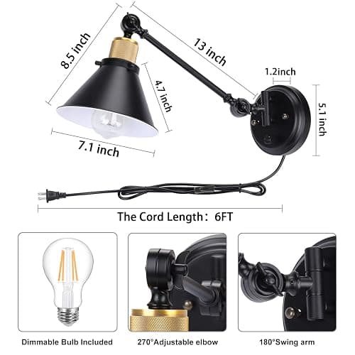 TRLIFE Wall Sconce Plug in, Dimmable Wall Sconces Swing Arm Wall Lights with Plug in Cord, Wall Mounted Light with Dimmer On/Off Knob Switch, UL Listed(2 Pack, 2 Bulbs Included) - Black - 2 Pack thumbnail 5