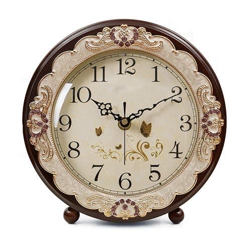 Justup Vintage Table Clock, Retro Non-Ticking European Style Beside Desk Clock Battery Operated Silent Quartz Movement for Bedroom Living Room Indoor Decor (Brown) - Image 1