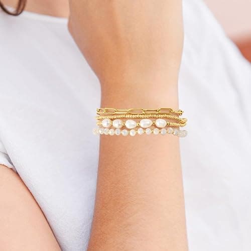 Pymach Dainty Gold Plated Pearl Crystal Beaded Bracelets Set for Women 14K Gold Plated Bead Pearl Beads Bracelet Stackable Paperclip Link Chain Bracelets Gold Plated Bracelets for Women Trendy Jewelry thumbnail 2