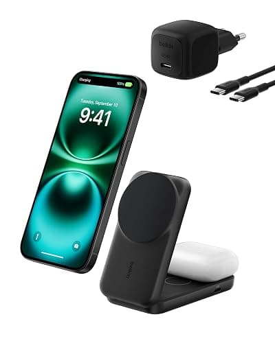 Belkin UltraCharge Caricatore iPhone Qi2, Stazione di Ricarica Wireless 2 in 1 25W, Caricatore Wireless Compatibile con MagSafe per iPhone, AirPods, Pixelsnap con Porta USB-C e Adattatore 45W, Nero - Image 1