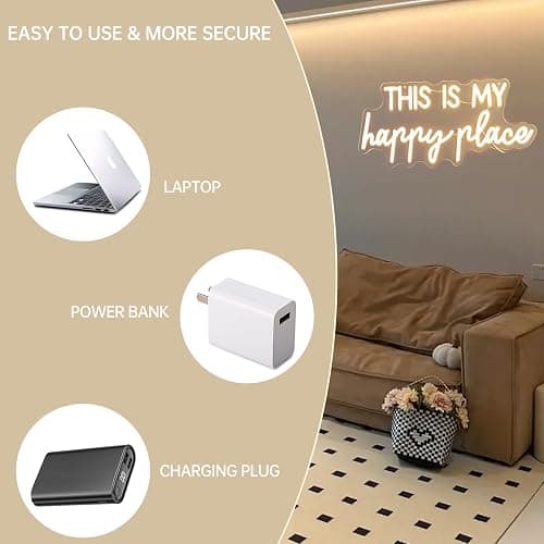 Neon Lights for Wall Decor - This Is My Happy Place Neon Signs for Teen Girls Bedroom Decor, Led Sign for Wall Decor, Nightstand Light, Dimmable Switch USB Power, Adhesive Hook Included thumbnail 4