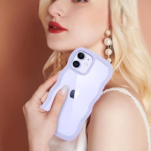 ORDA iPhone 12 Case - Cute Wave Frame Curly Shape, Shockproof Hard PC Phone Cover for Women & Girls, Purple thumbnail 7
