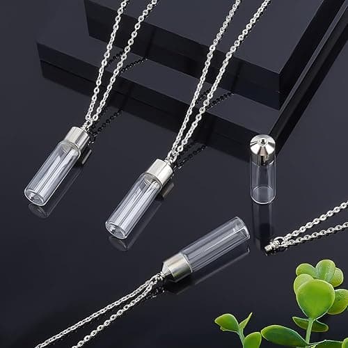 CRAFTYMELODY 4Pcs Vial Necklace Platinum Bottle Pendant Necklace Small Clear Bottle Necklaces with Screw Cap Mini Vials Ashes Holder Necklaces for Ashes Hair Perfume Liquid Memorial Pendant Locket thumbnail 5