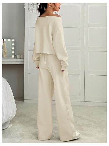 SOLY HUX Women's 2 Piece Outfits Fall Sweatsuits Off The Shoulder Crop Top Wide Leg Sweatpants Casual Matching Lounge Sets thumbnail 2