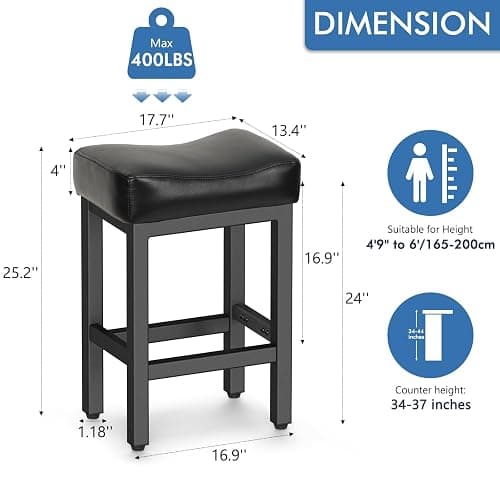 Raynesys Counter Height Bar Stools Set of 3, 24 Inch Barstools for Kitchen Island Counter, Bonded Leather Kitchen Stools with Saddle Seats & Metal Base, Easy Assembly, Black thumbnail 2