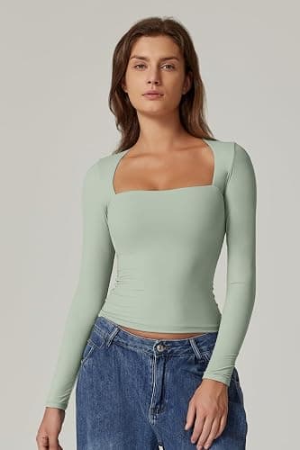 QINSEN Women's Sexy Square Neck Shirt Long Sleeve Double Lined Tees Fitted Going Out Tops - Image 1