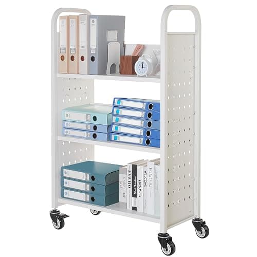 VEVOR Rolling Library Book Cart, 330 lbs Capacity, 30.3 x 15 x 48.0-Inch Library Cart, Single Sided L-Shaped Shelves with 3-Inch Lockable Wheels, Book Truck for Home Shelves Office and School, White thumbnail 9