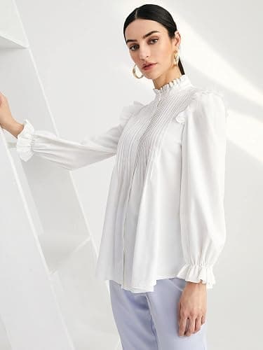 WDIRARA Women's Pleated Ruffle Trim Flounce Long Sleeve Mock Neck Blouse Top thumbnail 2