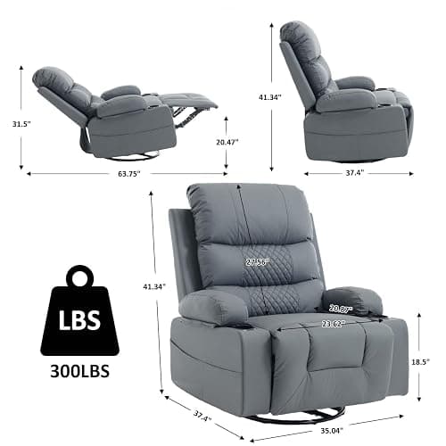 KCQ Swivel Rocker Recliner Chair with Massage and Heat, Oversized Wide Seat Faux Leather Manual Rocking Recliner Chair for Adults, Grey thumbnail 3