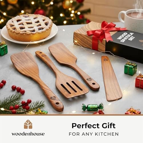 Wooden Spatula for Cooking, Teak Spatulas for Kitchen Use - Wooden Cooking Utensils Set of 4 including Paddle, Turner, Slotted Spurtle and Wood Scraper. Nonstick cookware, Kitchen Gifts for Women Men thumbnail 4