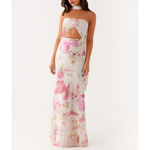 Womens Floral Strapless Maxi Bodycon Dress with Neck Scarf Sexy Cut Out Backless Tie Up Bandeau Tube Dresses thumbnail 3