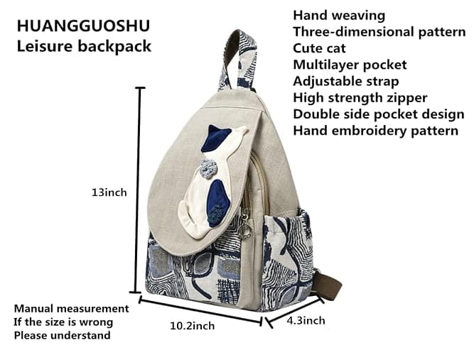 HUANGGUOSHU Boho and Bohemian Small Canvas Backpack Purse for Women - Adjustable Carry Sling Bag, Embroidered and Woven Tapestry Patterns 1 Cat thumbnail 2