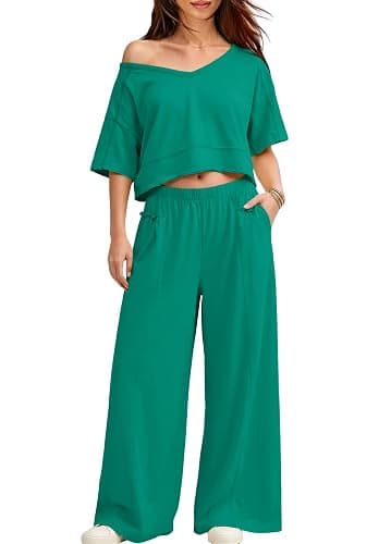 Yanekop Womens Two Piece Lounge Set for Summer Airport Travel Outfit V Neck Crop Tops and Wide Leg Pants with Pockets thumbnail 3