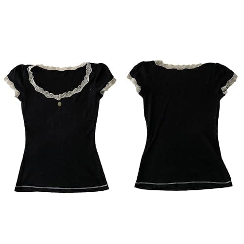 Womens E-Girls Short Sleeve T-Shirt Y2k Lace Trim Crop Tops Crewneck Fairy Grunge Tee Tops Aesthetic Summer Clothes thumbnail 4