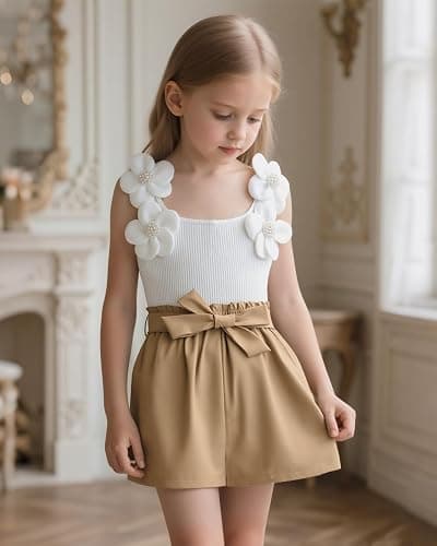 Momkonzz Girls Summer Clothes Set for Kids Flower Sleeveless Tank Top + Shorts + Belt Tween Outfits Size 7-12T thumbnail 3