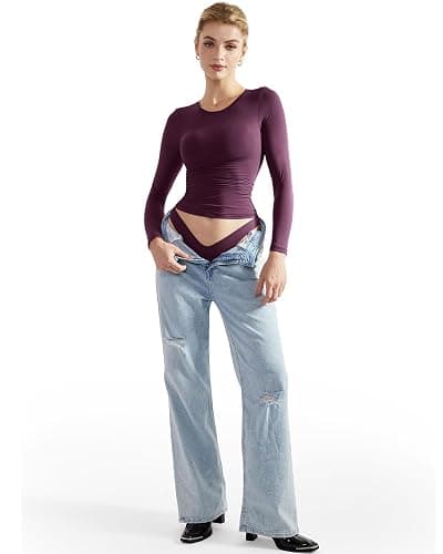 SUUKSESS Women Double Lined Fitted Basic T Shirts Crew Neck Long Sleeve Crop Top thumbnail 5