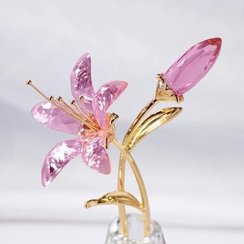 YWHL Crystal Lily Flower Figurine with Vase, Handmade Pink Glass Lily Flower Gifts for Woman, Wedding Gifts for Couple, Home Party Decorations (Pink) thumbnail 4