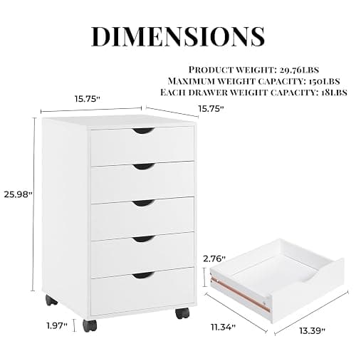 Naomi Home Taylor 5 Drawer Chest, Wood Storage Dresser Cabinet with Wheels, Craft Storage Organization, Makeup Drawer Unit for Closet, Office File Cabinet 180 lbs Total Capacity - White thumbnail 7