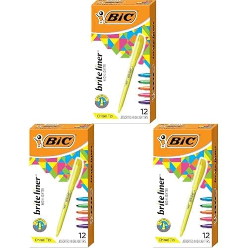 BIC Brite Liner Highlighters, Chisel Tip, 12-Count Pack of Highlighters Assorted Colors, Ideal Highlighter Set for Organizing and Coloring (Pack of 3) - Image 1