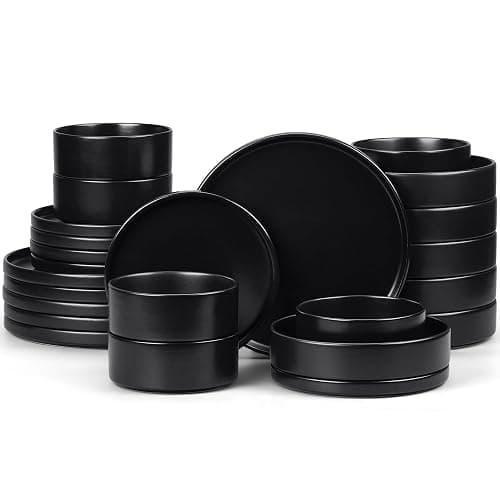 E-far Black Dinnerware Sets with Pasta Bowls, 24-Piece Stoneware Plates and Bowls Sets for 6 | Microwave & Dishwasher Safe Kitchen Modern Dish Set, Matte Black - Image 1