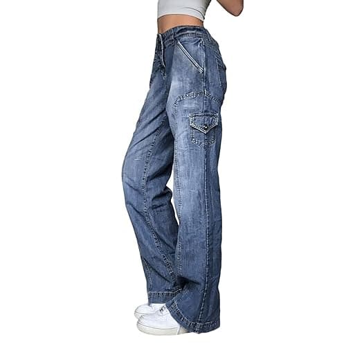 Women's Baggy Denim Pants High Waisted Y2K Wide Leg Oversized Plus Size Boyfriend Cargo Jeans Streetwear Trousers - Medium - Straight Blue1