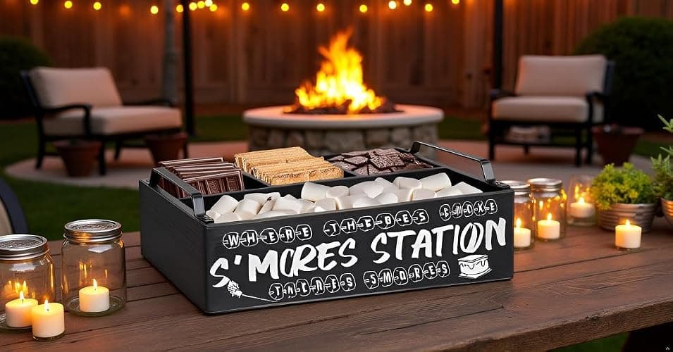 DEALZOOM Smores Station (Black Mini 11x7x3) - Wooden Smores Caddy Holder with Handles - S'Mores Serving Tray for Kitchen - Smores Maker Box for Smores Kit Camping Decor - Smores Accessories Organizer thumbnail 7
