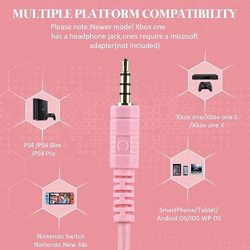 DIWUER Gaming Headset for Xbox One, PS4, PS5, Nintendo Switch, Bass Surround and Noise Cancelling 3.5mm Over Ear Headphones with Mic for Laptop PC Smartphones, Pink thumbnail 7