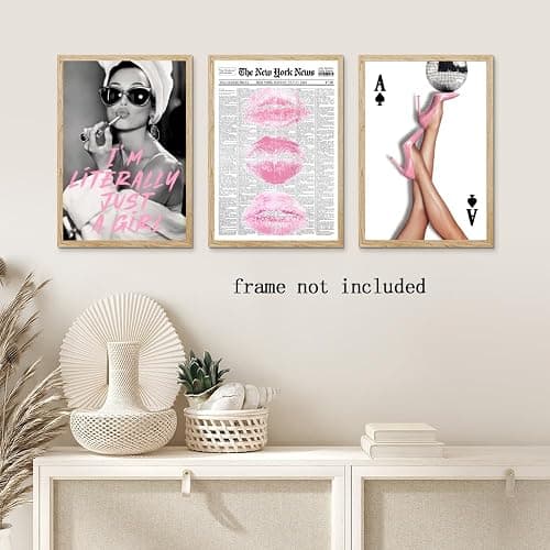 Ripiyome Funky Pink Wall Art Set of 3 Retro Glam Posters Surreal Kiss Lips High Heel Disco Ball Newspaper Woman Print Trendy Girl Quote Feminist Canvas Decor for Girly Bedroom Bar 16x24inch Unframed thumbnail 5