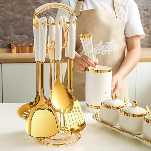 AQUAX Stainless Steel kitchenware seven Pieces Set (White Gold).Cooking Utensils 7 pcs Set with hanging shelf .Include Slotted Spoon, Slotted Spatula, Large Spoon, Soup Ladle, Spatula, Pasta spoon. thumbnail 2