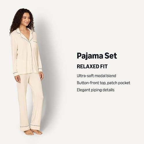 Amazon Essentials x Sofia Grainge Women's Stretch Modal Long-Sleeve and Full-Length Bottom Pajama Set thumbnail 3