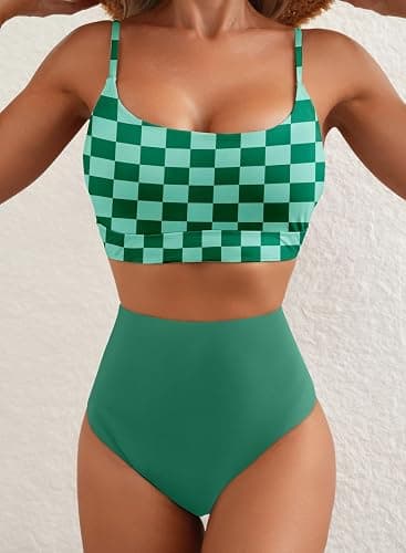 Herseas 2 Piece High Waisted Bikini Set for Women 2025 Spaghetti Straps Swim Top with Reversible Bottom Bathing Suit - Large - Green Checkerboard thumbnail 5