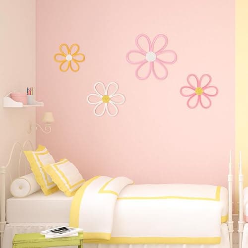 Ganeen Boho Nursery Woven Daisy Flowers Daisy Wall Decor Nursery Decor Macrame Wall Hanging Supply for Girl Bohemian Art Home Bedroom Room Flowers Set of 4(6 Petals) thumbnail 6