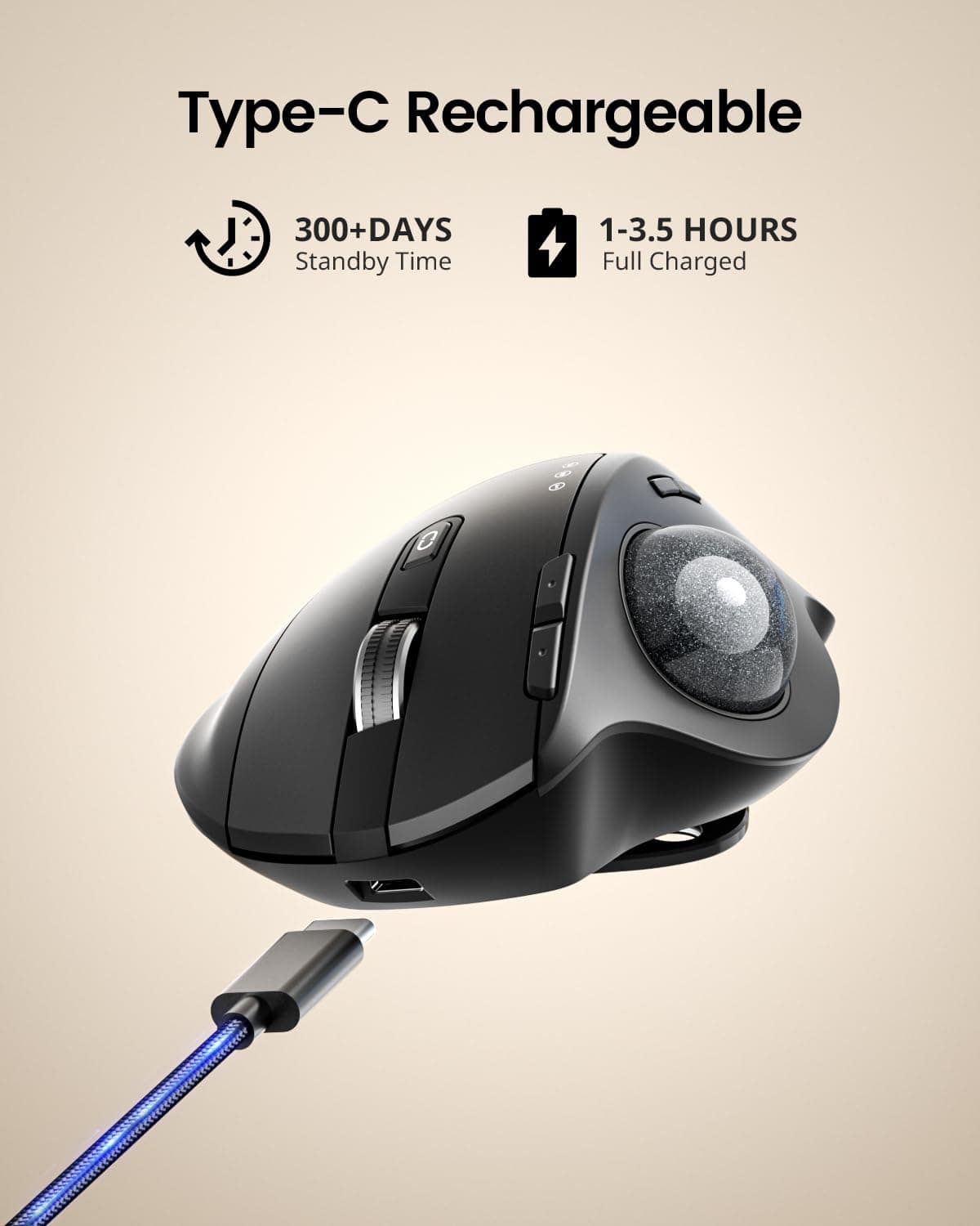 ProtoArc Wireless Trackball Mouse, EM01 NL Ergonomic Bluetooth Rollerball Thumb Rechargeable Computer Laptop Mouse, Adjustable Angle & 3 Device Connection for PC, Mac, Windows-Gray Ball thumbnail 6