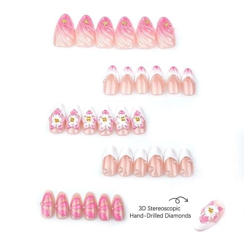 3D Pink Flower Press On Nails Nude Pink Gradient French Tip False Nails with Water Drop & Gold Starfish Decor, Medium Almond Reusable Fake Nails for Women Wedding Date (30 Pcs) thumbnail 2
