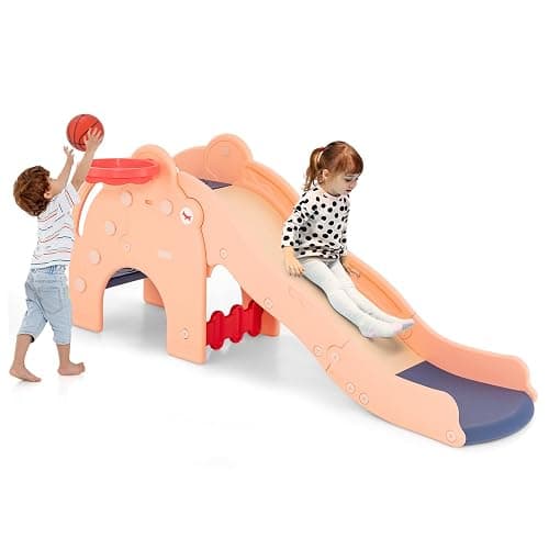 COSTWAY 4 en 1 Toboggan Enfant en Forme Éléphant avec Panier de Basketball, Toboggan Extérieur Intérieur en HDPE avec Ballon, Aire de Jeux pour Glisser & Grimper, Charge 50kg pour 18 Mois+(Rose) - Image 1