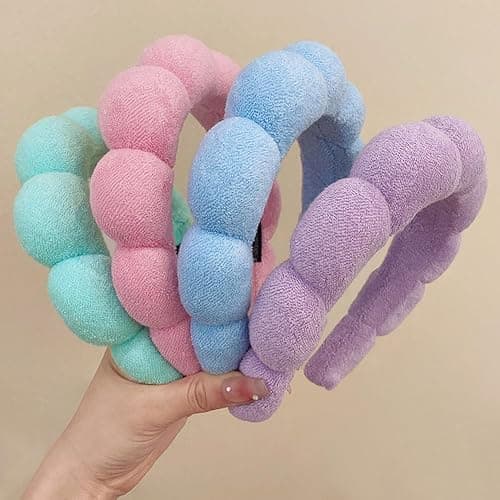 AOENJIE Spa Headbands for Washing Face or Makeup, Sponge Bubble Skincare Headbands, Puffy Terry Cloth Hairband for Women, Skin Care Makeup Headwear Hair Accessories for Girls(Blue) - Blue thumbnail 3