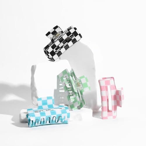 LuSeren 4 Pack 3 Inch colorful Hair Claw Clips for Women, Medium Rectangle Acetate Jaw Clips in Black, Pink,Green, Blue, Stylish Checkered Hair Accessories for Girls thumbnail 6