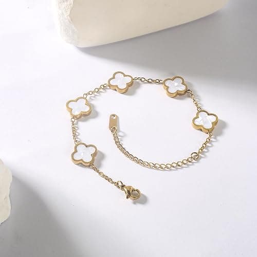 KINFERTE for 18K Gold Plated Double Sided Clover Bracelet for Women Lucky Four Leaf Clover Bracelet Flower Link Bracelets Trendy Jewelry Gifts for Women,Wife, Girlfriend, Mom, Sister, Bestie, Grandma thumbnail 3