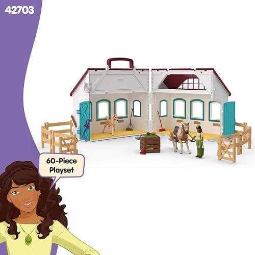 Schleich Horse Club - 60PC Little Horseshoe Open Stable Playset - Easy Carry Set with 2 Horse Figurines, Action Figure, Stable and Accessories - Toy Horses for Girls and Boys - Kids Ages 4+ | 42703 | Set includes hutch, 2 horses, movable girl figure & accessories | great gift for girls and boys | toys from 5 years thumbnail 6