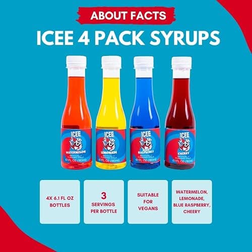 ICEE 4 Pack Slushie Syrups. Genuine ICEE Shaved Ice Snow Cone Syrup including Watermelon, Lemonade, Blue Raspberry & Cherry Flavors. 4 x 6.1floz. Perfect For Snow Cones, Slushies, Sodas & Ice Pops. thumbnail 4