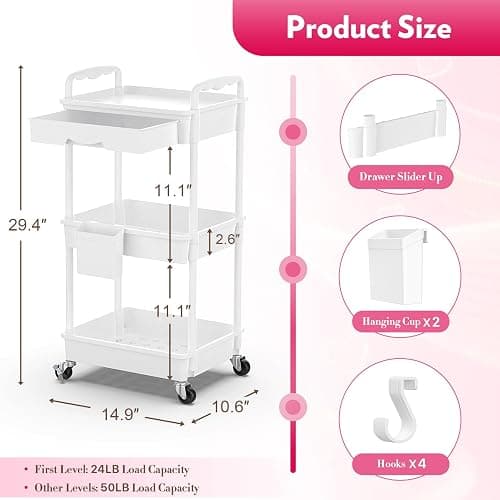 SUNALLY Makeup Cart Organizer with Drawers, Floor Skincare Organizers Vanity Storage Organizer, Rolling Makeup Bathroom Storage Cart Cosmetics Display Cases for Skin Care Perfume Nail Polish, White thumbnail 3