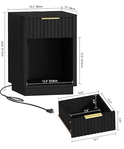 Akxomel Fluted Nightstands Set of 2, Wooden Night Stand with Charging Station and LED Light, Modern Mid Century End Table with Drawer, 15" D x 15.7" W x 22.6" H, for Bedroom, Black thumbnail 3