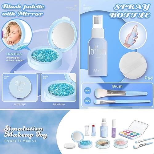 Pretend Makeup Kit for Girls, 11 Pcs Kids Cosmetic Pretend Play Beauty Make Up Set, Not Real Eye Shadow Blush Palette Lipstick wit Hand Bag, Blue thumbnail 5