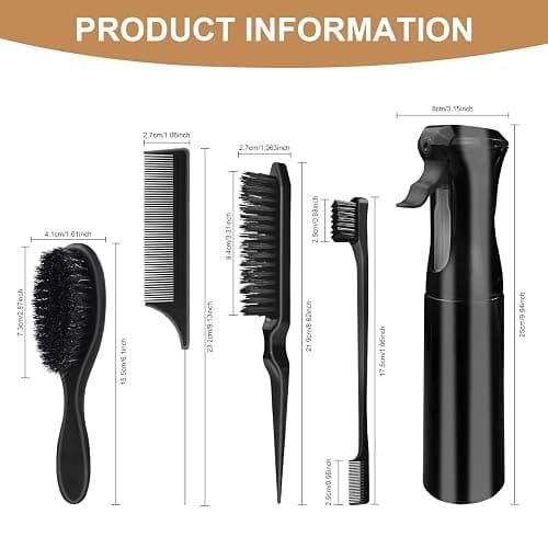 DUAIU Slick Back Hair Brush for Women Men, 5PCS Hair Brush Set with Mist Spray Bottle 10 OZ/300 ML, Small Boar Bristle Brush Rat Tail Comb, Edge Brush, Styling Brush Tools thumbnail 8