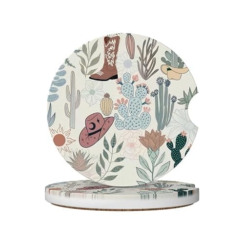 Fcergeo Car Coasters for Cup Holders - (Cottagecore Western Cowboy hat) | (2 Pack) 2.56 Inch Ceramic - Absorbent, Anti-Slip Insert Coasters Car Interior Accessories Unisex for Women & Men - Image 1