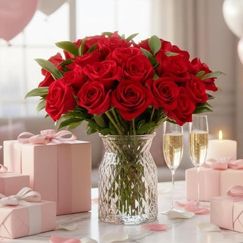 Benchmark Bouquets - Red Roses Bouquet - Fresh Flowers for Delivery - Real Roses - Two Dozen Long Stem Roses for Anniversary - Romantic Gift Set - Gifts for Women (Glass Vase Included) thumbnail 5