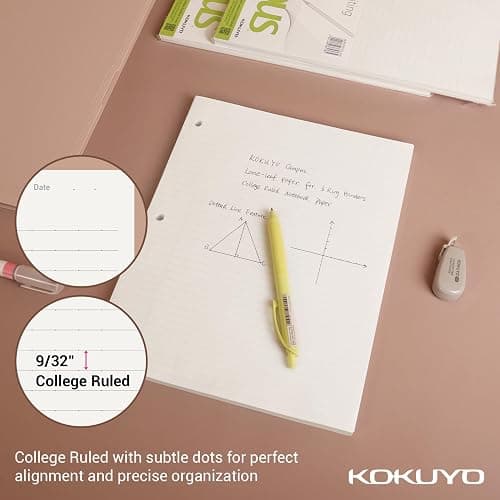 Kokuyo 3 Hole Loose Leaf Paper 8-1/4"x11” College Ruled, 100 Sheets, 1 Pack | Filler Paper for 3 Ring Binder Bleed Resistance Notebook Paper, 70 GSM Japanese Smooth Paper School Suppliers 100 Sheets/Pack thumbnail 5