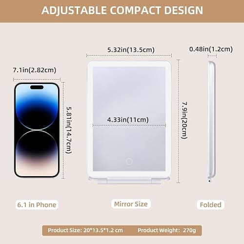 FENCHILIN Travel Makeup Mirror with Lights Vanity Lighted Light up Mirror Rechargeable 72 LED Dimmable 3 Color Light modes Touch Sensor Portable 20x15 cm - A-white thumbnail 7
