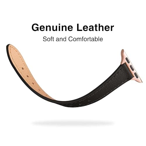 STIROLL Slim Leather Bands Compatible with Apple Watch Band 38mm 40mm 41mm 42mm(Series 11 10), Top Grain Leather Watch Thin Wristband for iWatch SE 9 8 7 6 5 4 3 2 1 (Black Rose Gold) thumbnail 3
