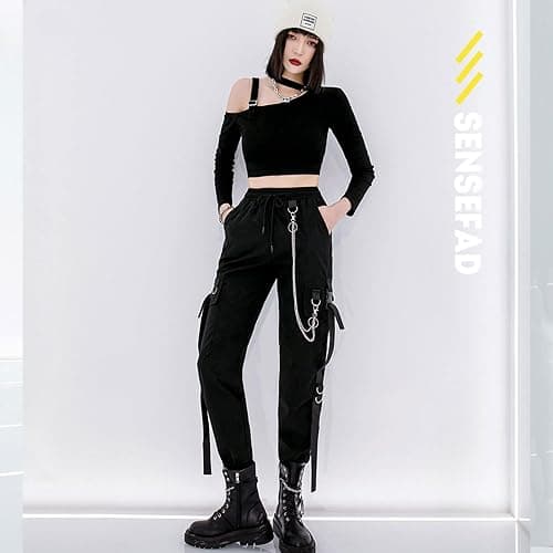 MEINVQIAOTI Black Cargo Pants for Women Techwear Women Loose Street Rock Style Casual Black Pants with Chain Goth Pants thumbnail 7